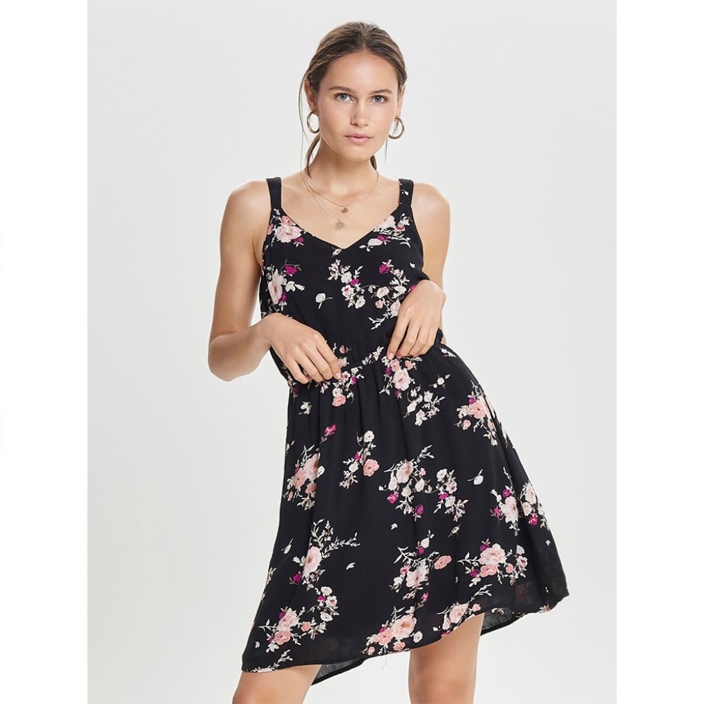 Only Karmen Aop Woven Short Dress Black/Flower In Size EU 38